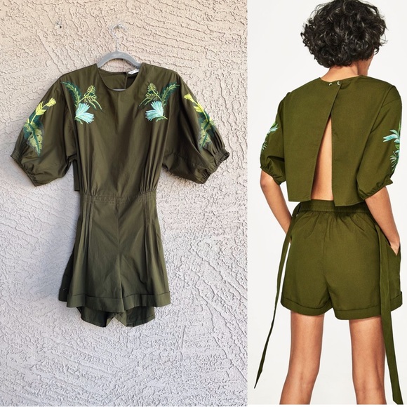 ZARA Army Green Puff Sleeve Blue Tropical Floral Embroidered Open Back Romper - Picture 1 of 12